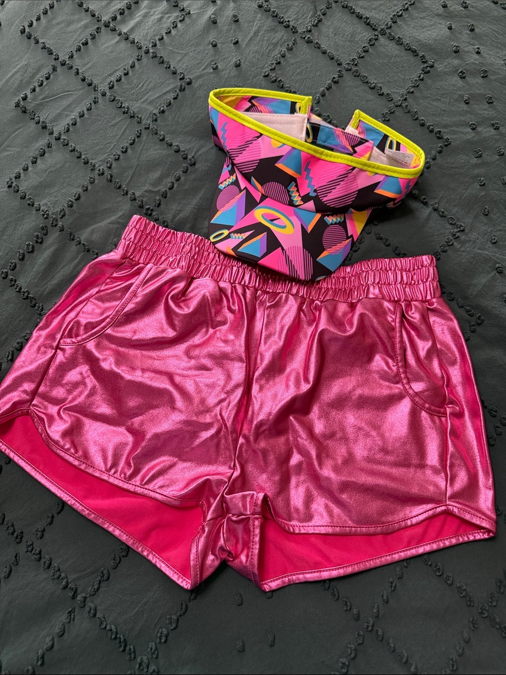 80s Costume Shiny Metallic Pink Women's Shorts and visor